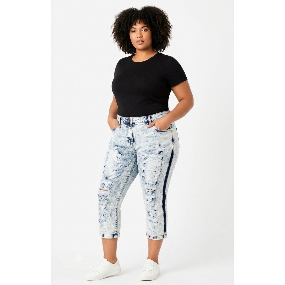 Ashley Stewart Women's Blue Acid Wash Denim Cropped Jeans Ripped Design 14 NWT